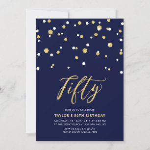 Invitation Fête d'anniversaire simple Navy & Or Fifty 50 ans