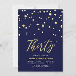Invitation Fête d'anniversaire simple Navy & Or Trente 30 ans