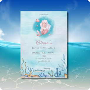 Invitation Fête d'anniversaire Sirène à l'aquarelle