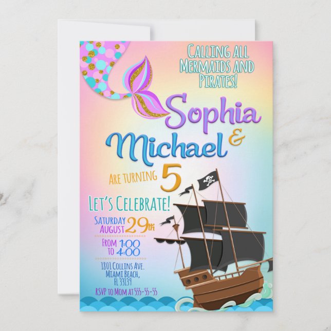Invitation Fête d'anniversaire Sirène et Pirate (Devant)