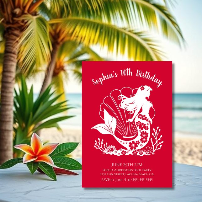 Invitation Fête d'anniversaire-Sirène Hawaïenne (Hawaiian Mermaid Tropical Flowers Sea Shells Coral, Summer Beach, Fisherman Style Birthday )