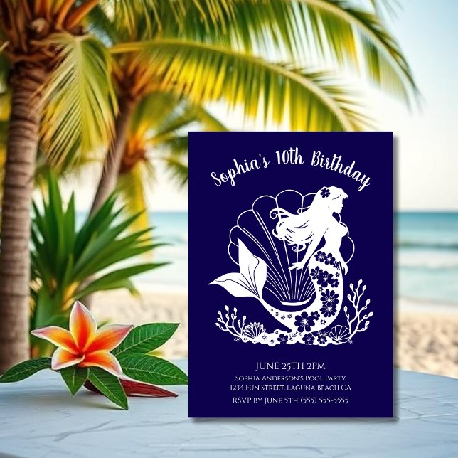 Invitation Fête d'anniversaire - Sirène hawaïenne (Hawaiian Mermaid Sea Shells Tropical Flowers Coral, Birthday Invitation Dark Blue)
