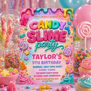 Invitation Fête d'anniversaire Slime Bonbons Pailletés Arc-en