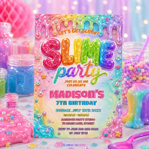 Invitation Fête d'anniversaire Slime Pailleté Arc-en-Ciel