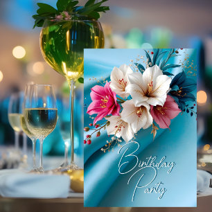 Invitation Fête d'anniversaire Soie Rose et Bleu Blanc Floral