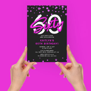 Invitation Fête d'anniversaire Soixante ans Rose Néon