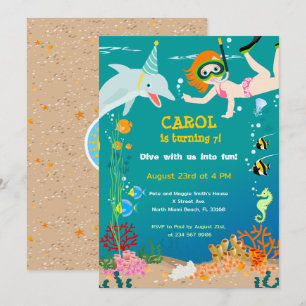 Invitation Fête d'anniversaire sous la mer dauphins et fille