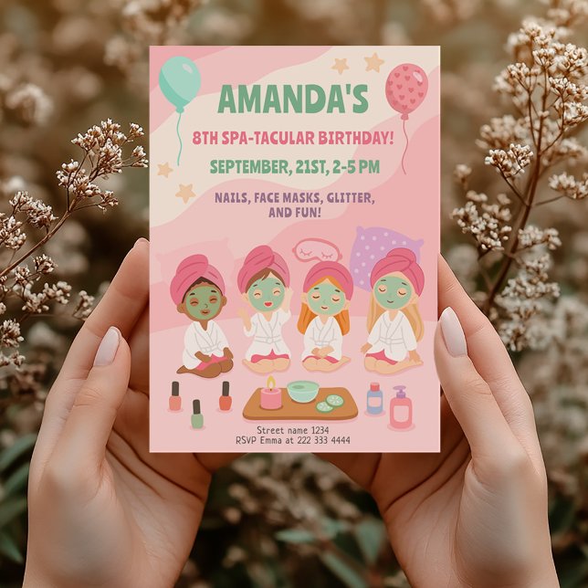 Invitation Fête d'anniversaire spa pour les filles rose Pampe (Créateur téléchargé)