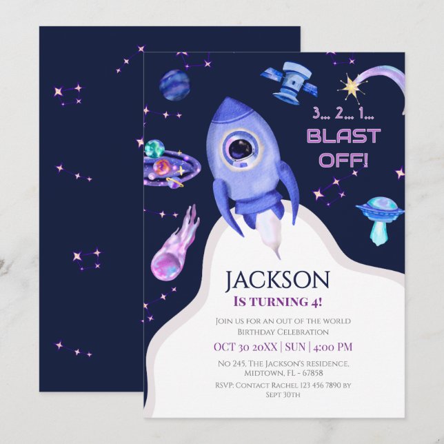Invitation Fête d'anniversaire spatiale pour garçons Fusée 4è (Devant / Derrière)