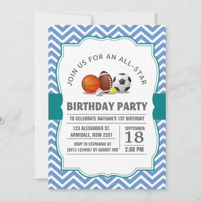 Invitation Fête d'anniversaire sportive personnalisée et étoi (Devant)