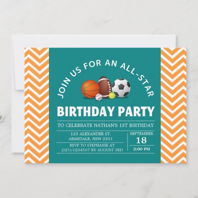 Invitation Fête d'anniversaire sportive personnalisée et étoi (Devant)