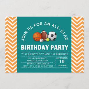 Invitation Fête d'anniversaire sportive personnalisée et étoi