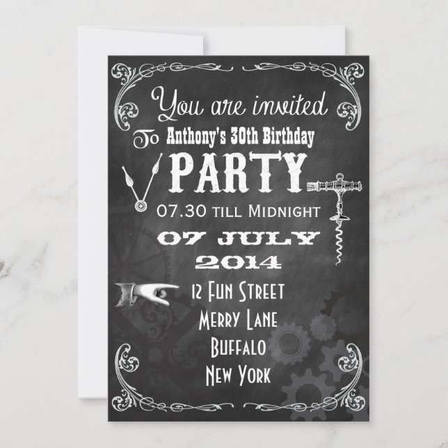 Invitation Fête d'anniversaire Steampunk Tableau Noir (Devant)