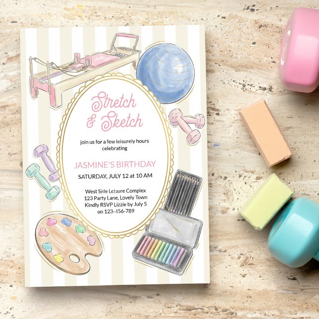 Invitation Fête d'anniversaire Stretch et Sketch Pilates Art (Stretch and Sketch invitation - activity based celebration, fitness / craft workshop event etc)