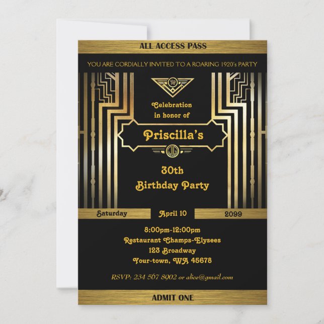 Invitation Fête d'anniversaire, style Gatsby, Art Déco, noir  (Devant)