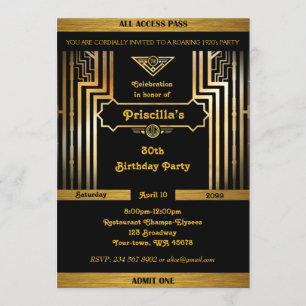 Invitation Fête d'anniversaire, style Gatsby, Art Déco, noir 