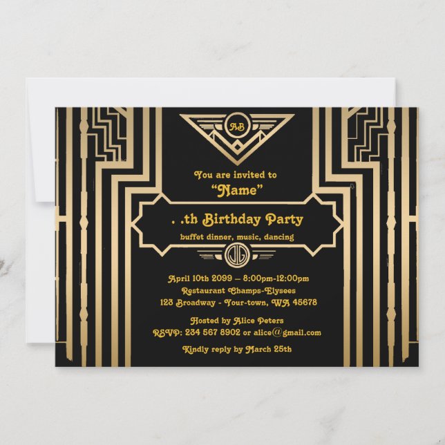 Invitation Fête d'anniversaire, style Gatsby, Art déco, or&no (Devant)