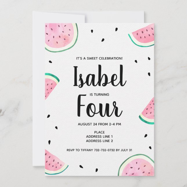 Invitation Fête d'anniversaire sucrée pastèque (Devant)