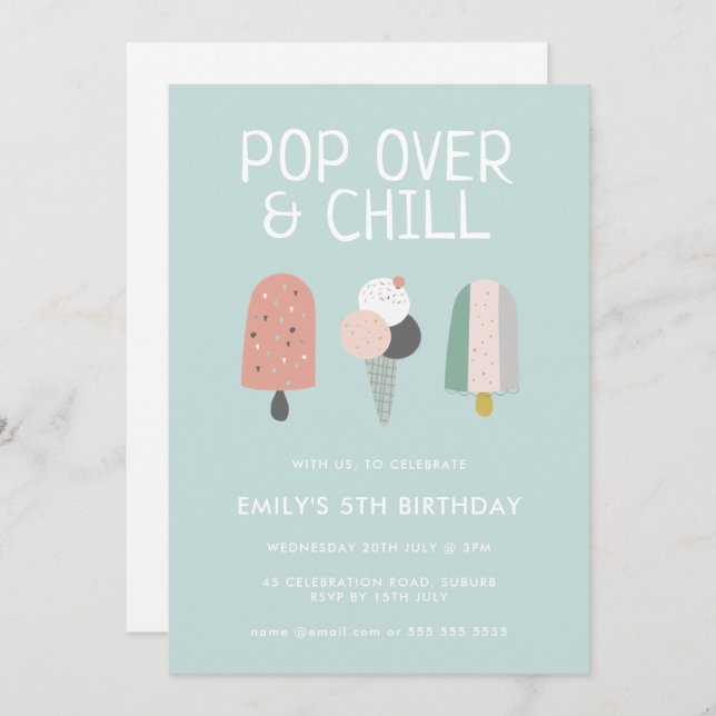 Invitation Fête d'anniversaire Summer Pop Over & Chill Popsic (Devant / Derrière)