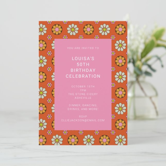 Invitation Fête d'anniversaire super Retro 60s Orange rose (Debout devant)