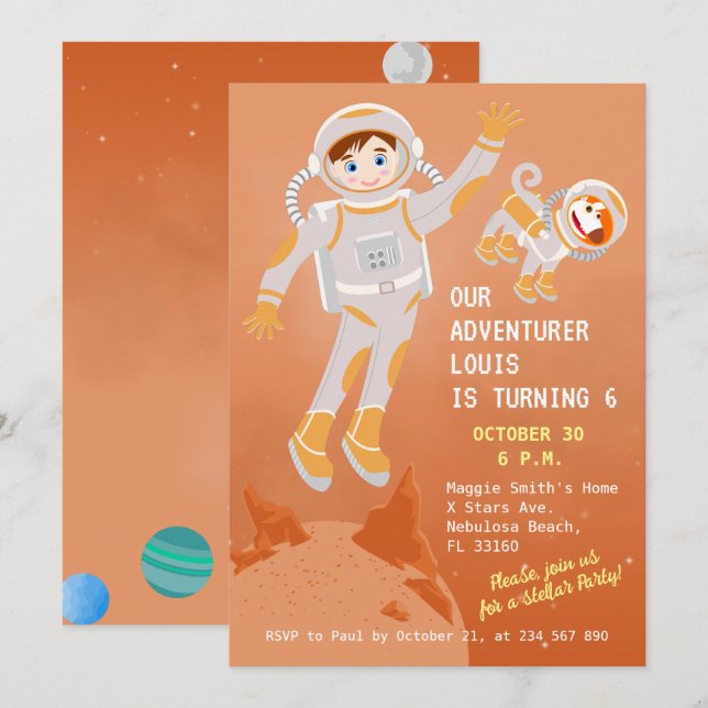 Invitation Fête d'anniversaire sur le thème du garçon astrona (Devant / Derrière)