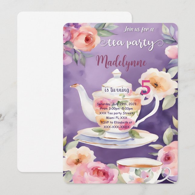 Invitation Fête d'anniversaire sur le thème du thé floral (Devant / Derrière)