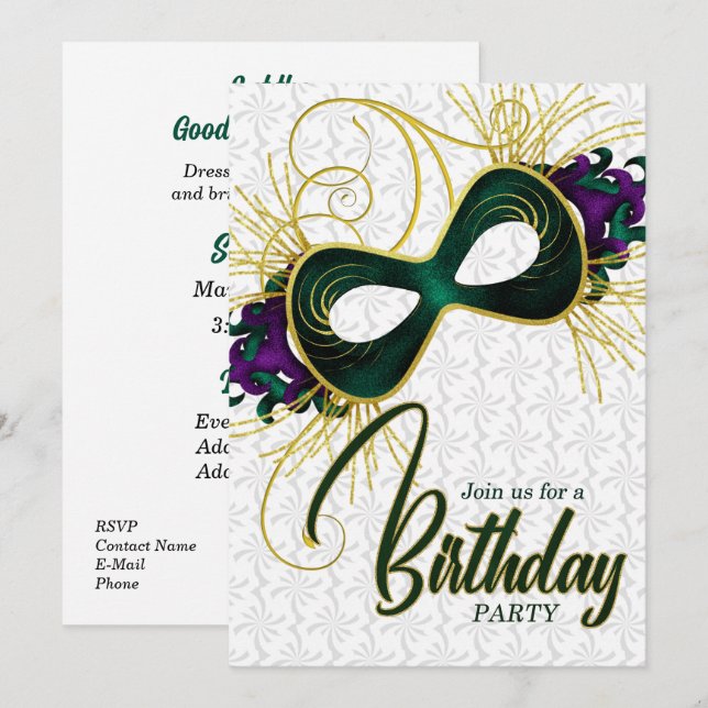 Invitation Fête d'anniversaire sur Mardi Gras Mask (Devant / Derrière)