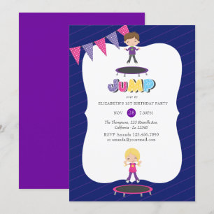 Invitation Fête d'anniversaire sur trampoline violet royal et