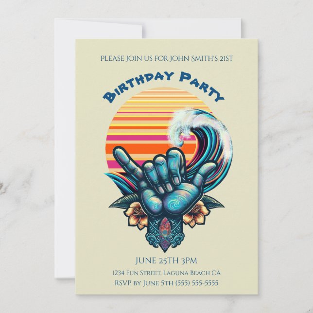 Invitation Fête d'anniversaire- Surfant sur une grosse vague- (Devant)
