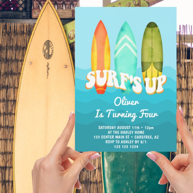 Invitation Fête d'anniversaire Surfs Up Surfboard Boy 4 ans (Créateur téléchargé)