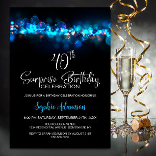 Invitation Fête d'anniversaire surprise 40 ans Blue Bokeh Bla