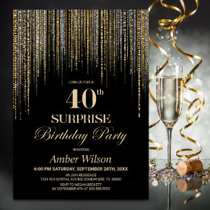Invitation Fête d'anniversaire surprise 40 ans noir et paille