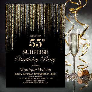 Invitation Fête d'anniversaire surprise 55 ans noir et paille