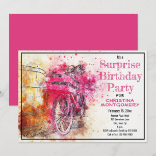 Invitation Fête d'anniversaire surprise Bicyclette aquarelle 