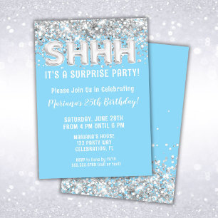 Invitation Fête d'anniversaire surprise bleu clair argent pai