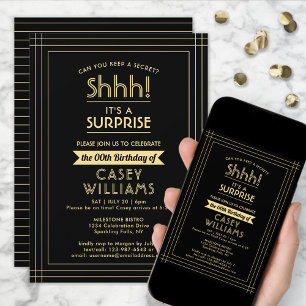 Invitation Fête d'anniversaire surprise Chut ! Élégant noir e