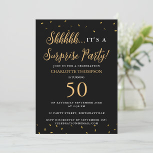 Invitation Fête d'anniversaire surprise confettis noir or