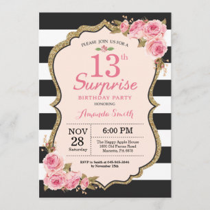 Invitation Fête d'anniversaire surprise de 13 ans aux pivoine