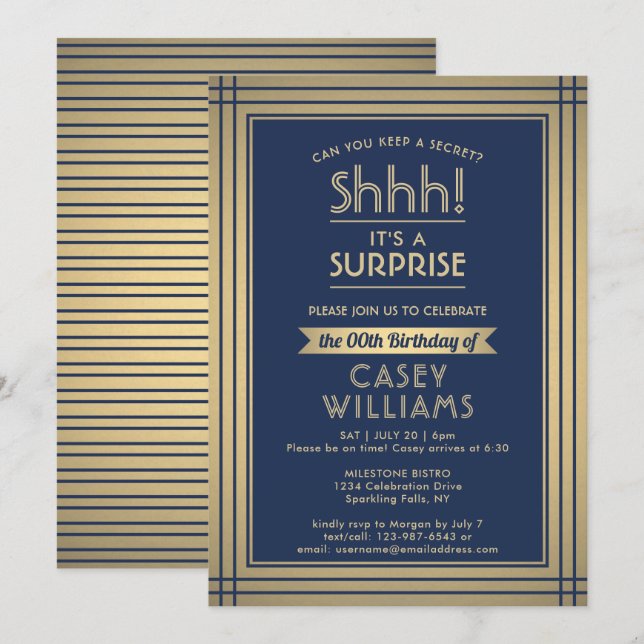 Invitation Fête d'anniversaire surprise Élégant bleu marine e (Devant / Derrière)