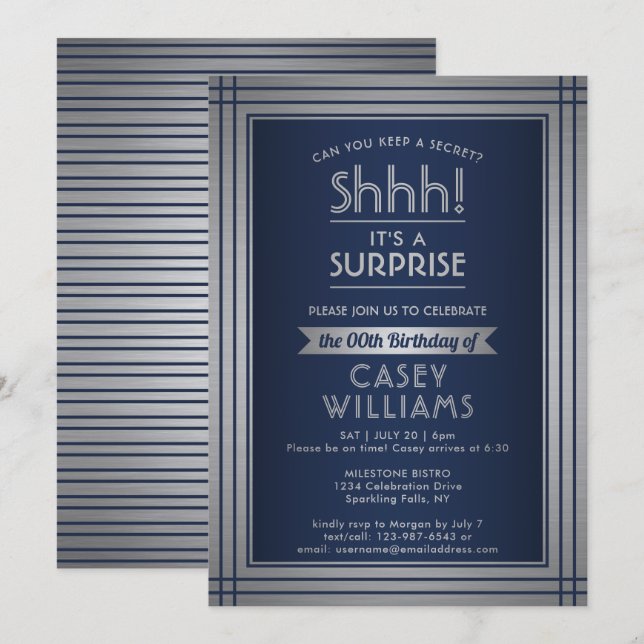 Invitation Fête d'anniversaire surprise élégante bleu marine  (Devant / Derrière)