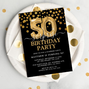 Invitation Fête d'anniversaire surprise élégante noire et or
