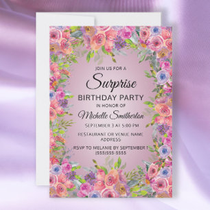 Invitation Fête d'anniversaire surprise florale aquarelle ros