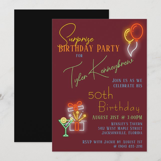 Invitation Fête d'anniversaire surprise inspirée par le néon  (Devant / Derrière)