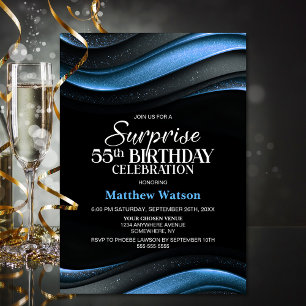 Invitation Fête d'anniversaire surprise moderne noire et bleu