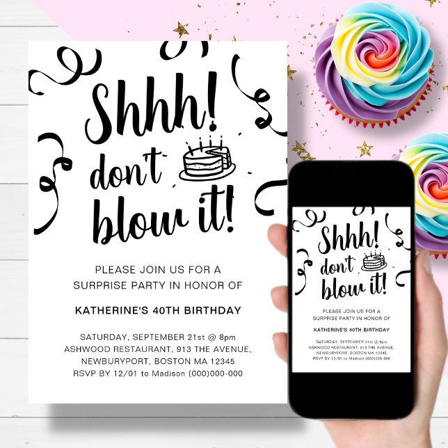 Invitation Fête d'anniversaire surprise | Ne soufflez pas sur (Créateur téléchargé)
