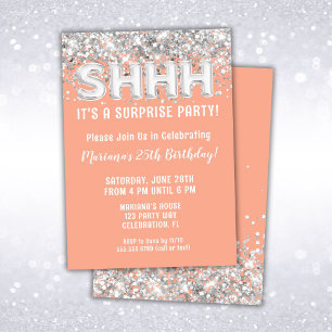 Invitation Fête d'anniversaire surprise pailletée argent pêch