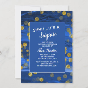 Invitation Fête d'anniversaire surprise pailletée bleu or