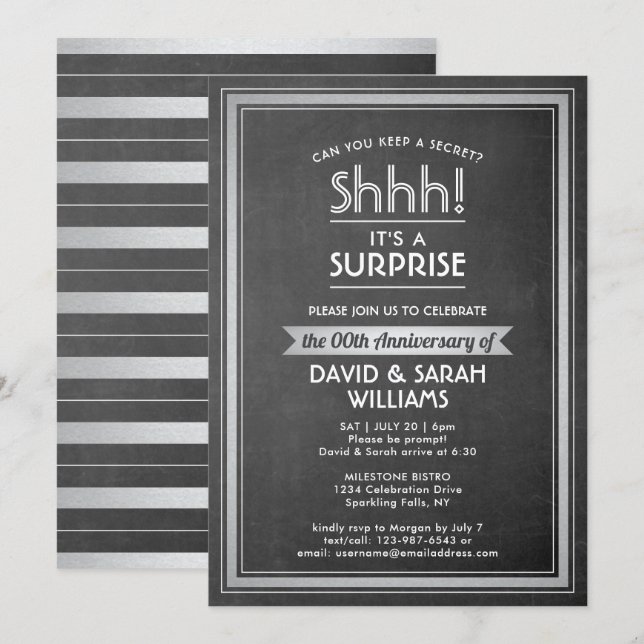 Invitation Fête d'anniversaire surprise - Tableau noir et arg (Devant / Derrière)
