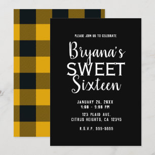 Invitation Fête d'anniversaire Sweet 16 à carreaux jaune et n
