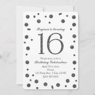 Invitation Fête d'anniversaire Sweet 16 à pois pailletés arge